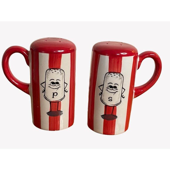 Vintage Salt Pepper Shakers Red White Stripe Drive In Retro Style Handles Plugs - Picture 4 of 9